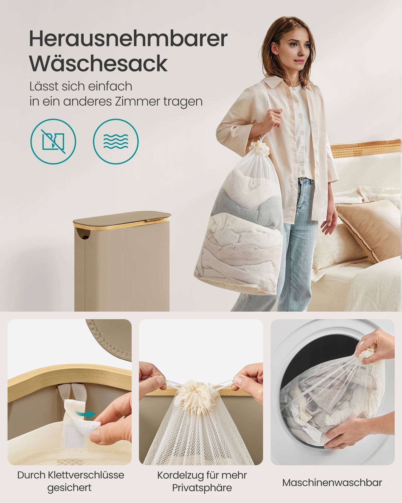 SONGMICS laundry basket with Lid 65 L Laundry Collector Space Saving Removable Laundry Bag Bamboo Handles Folding