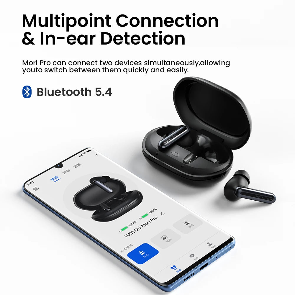 HAYLOU Mori Pro Bluetooth 5.4 Earphones Wireless  43dB Adaptive Hybrid ANC Hi-Res LDAC Earbuds 6 Mic Headphones 28H Battery Life