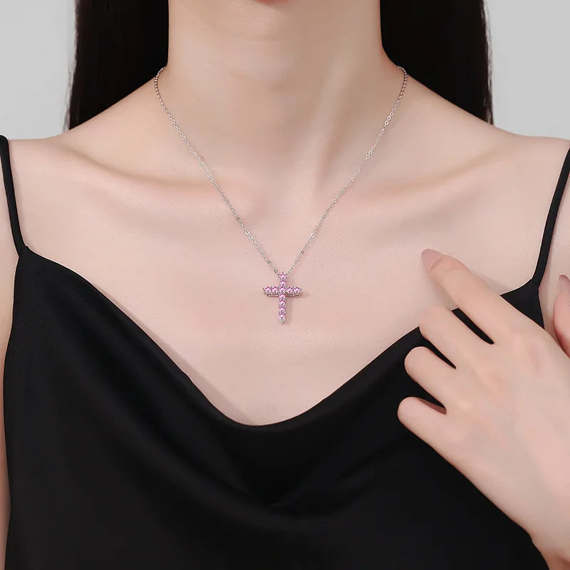 Beautiful Pink/Blue/Green 1.1CT Moissanite Cross Pendant Necklace for Woman Anniversary Solid Platinum PT950 Necklace