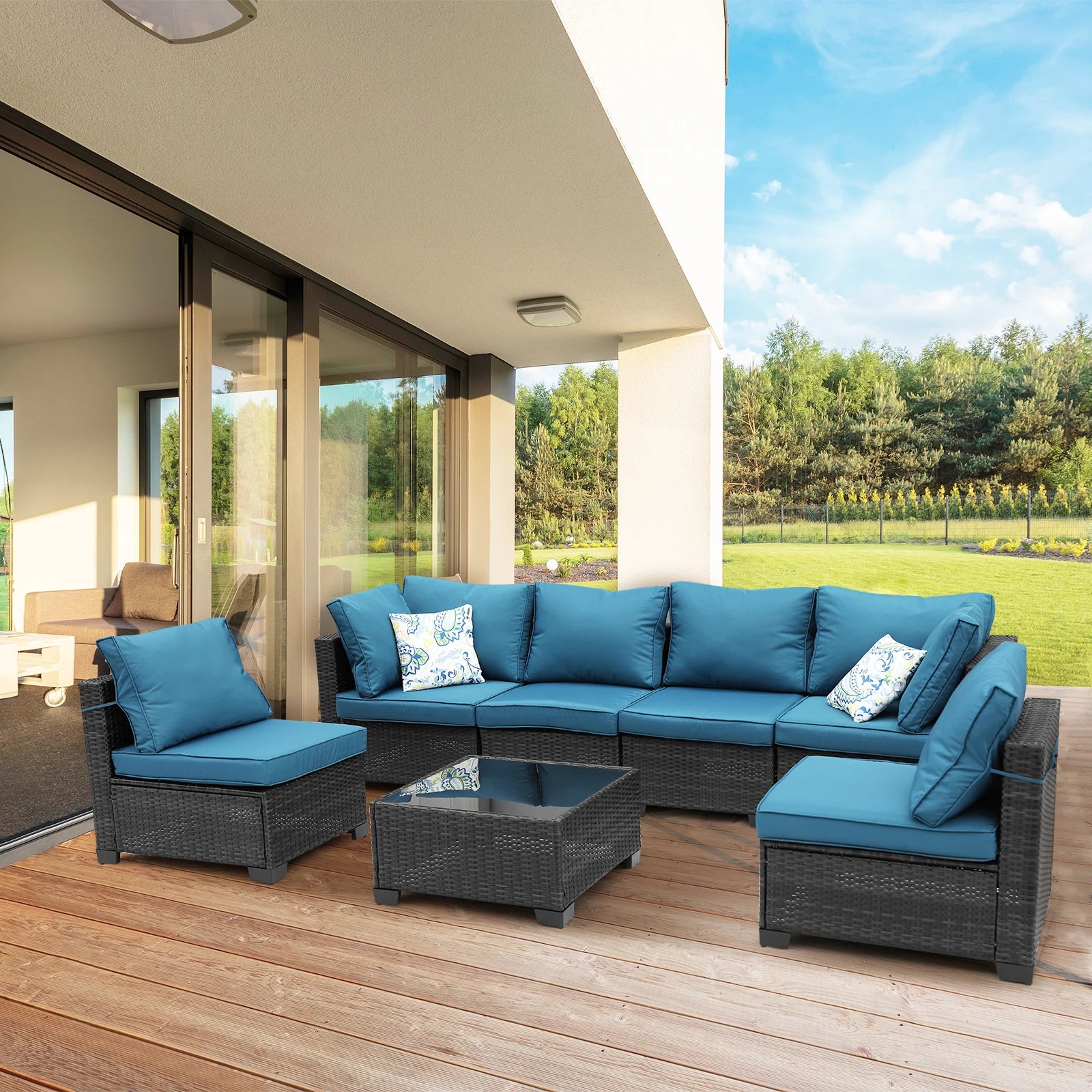 Patio Furniture Set 7 Piece - All-Weather Wicker Rattan Outdoor Conversation Set in Black/Peacock Blue for Backyard Garden Pool