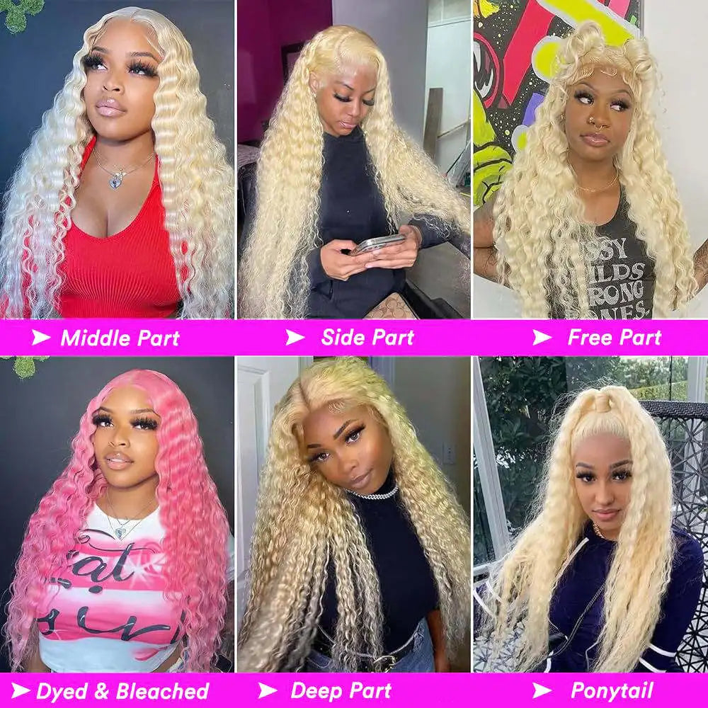 200% 250% Density 613 Blonde Lace Front Wigs Deep Wave Human Hair 13x4 Hd Lace Frontal Wig Pre Plucked Brazilian Ponytail Human Hair Lace Frontal Wig For Women Ready to Wear On Clearance Sale Pre Plucked Wig Party Work
