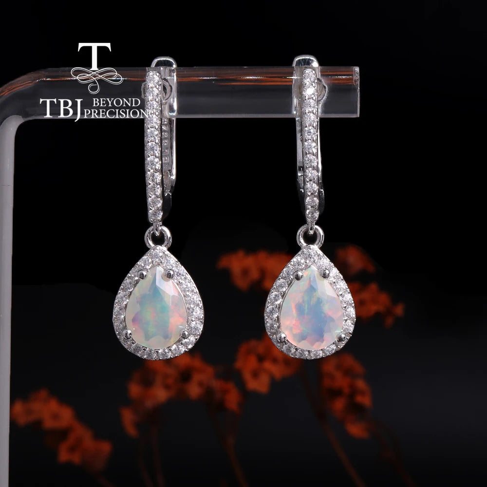 925 Sterling Silver Simple Pear Clasp Earrings with Natural Ethiopia Opal Gemstones Fine Jewelry for Women Nice Gift