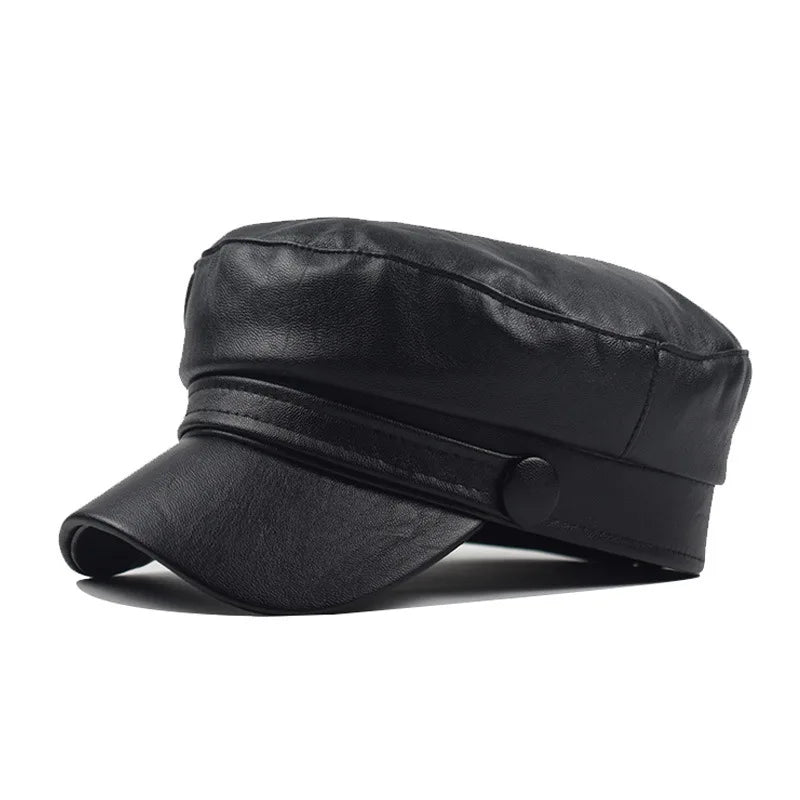 Fashion Unisex PU Leather Military Caps Spring Autumn Sailor Hats for Women Men Black Grey Flat Top Captain Cap Travel Cadet Hat