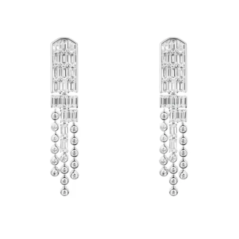Bellux 925 Silver Synthetic Zircon White Emerald Cut Gemstone Small Round Diamond Tassel Long Earrings for Women