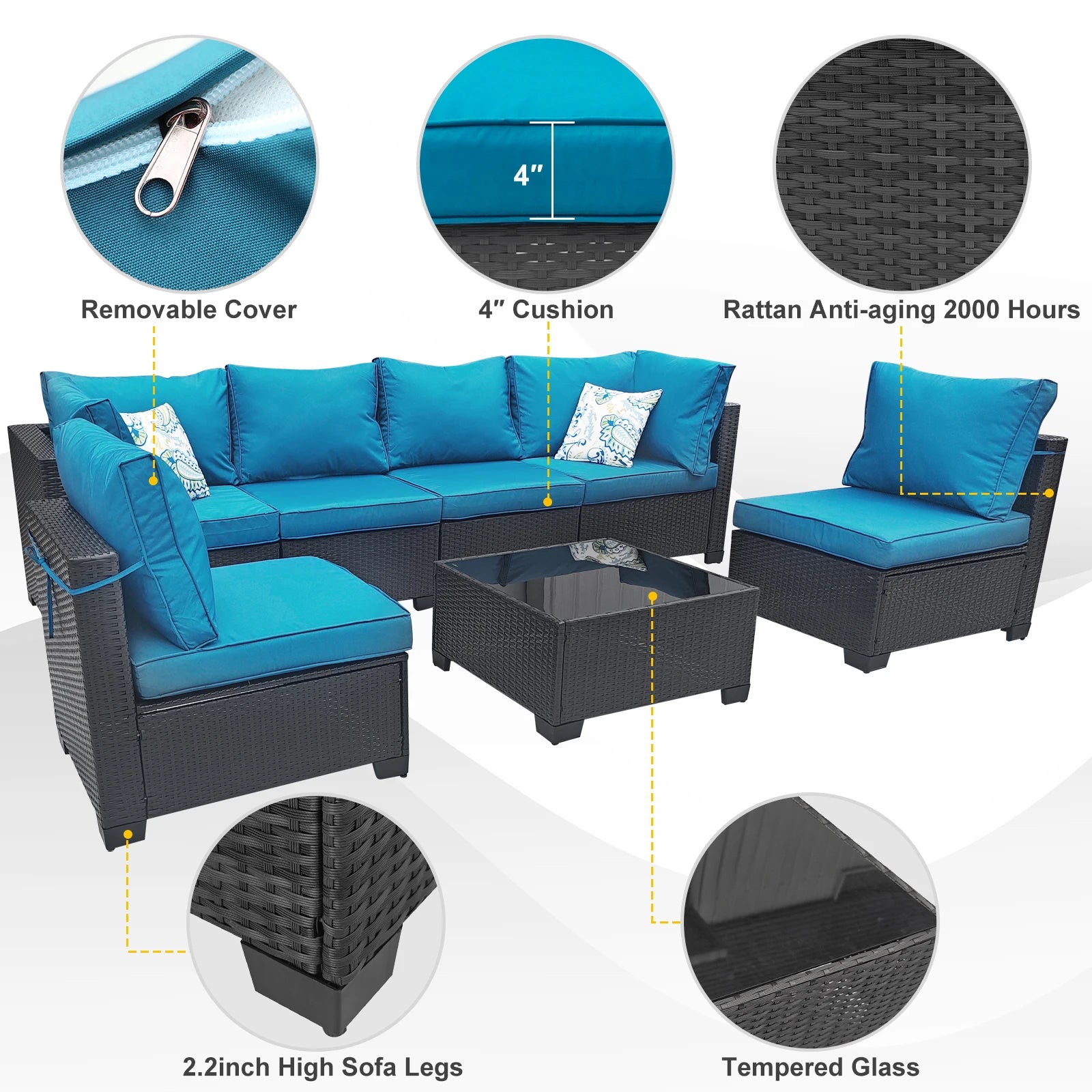 Patio Furniture Set 7 Piece - All-Weather Wicker Rattan Outdoor Conversation Set in Black/Peacock Blue for Backyard Garden Pool