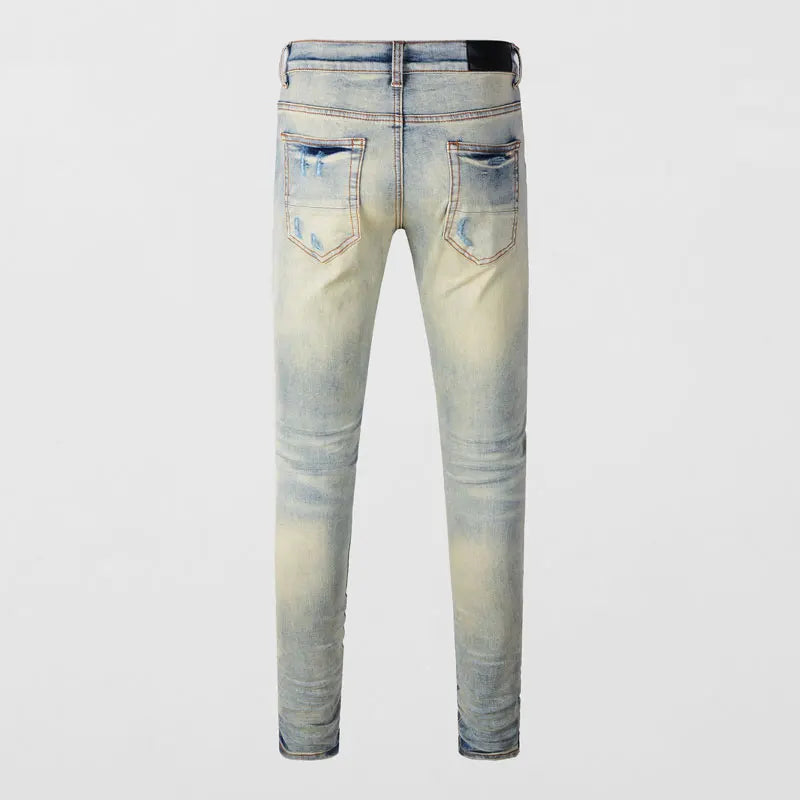Designer High Street Fashion New Light Blue Men's Jeans Stretch Slimming White Leather Patch Hip Hop Brand Pants HombreY2K