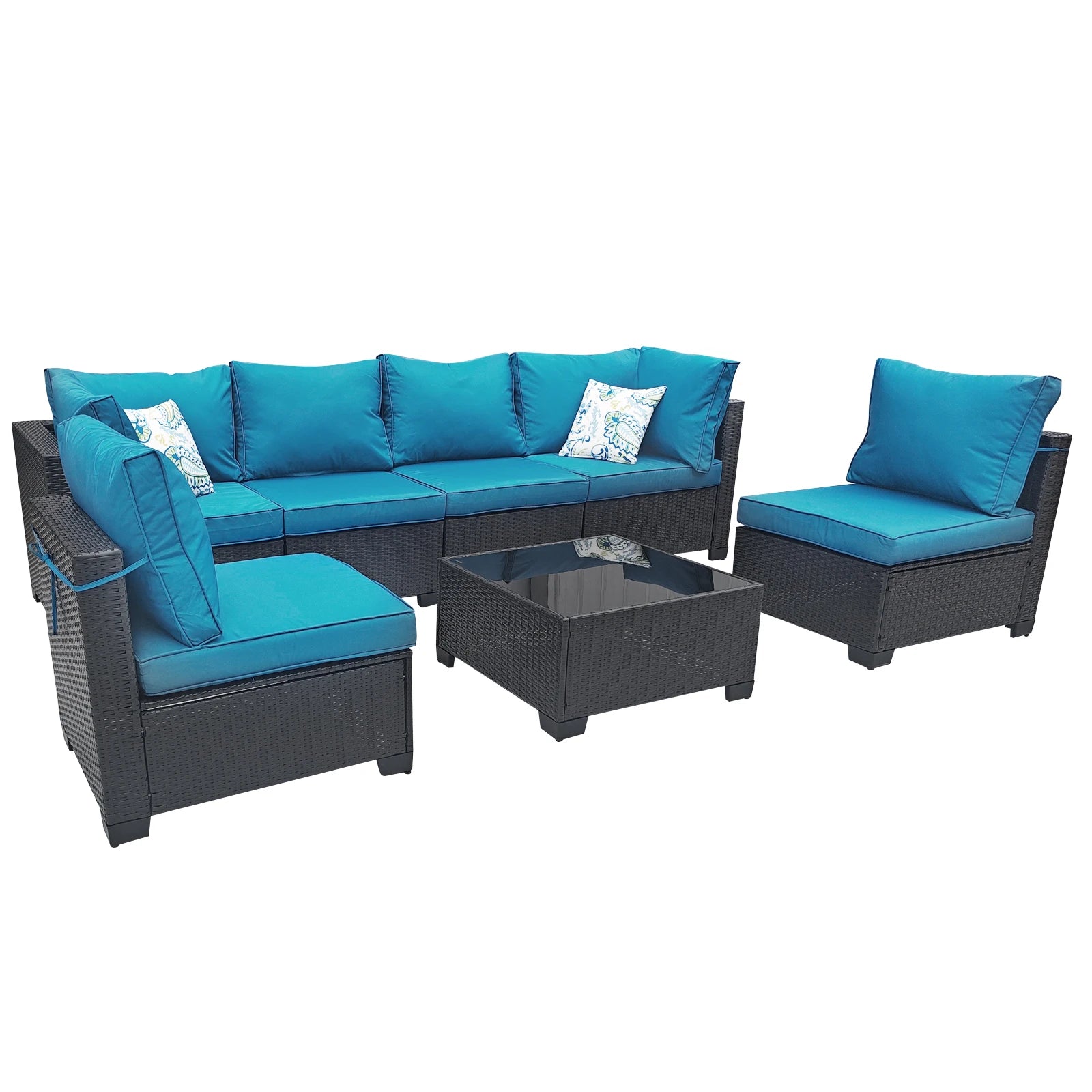 Patio Furniture Set 7 Piece - All-Weather Wicker Rattan Outdoor Conversation Set in Black/Peacock Blue for Backyard Garden Pool