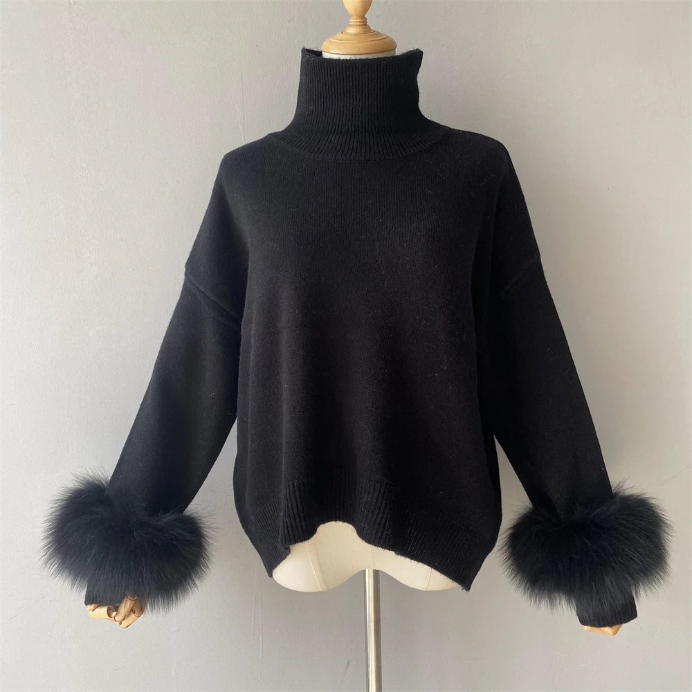 Jxwatcher Fashion Women Sweaters 2023 New Style Wool Knitted Pullover Real Fox Fur Cuffs Ladies Autumn Winter Warm Blouse Female