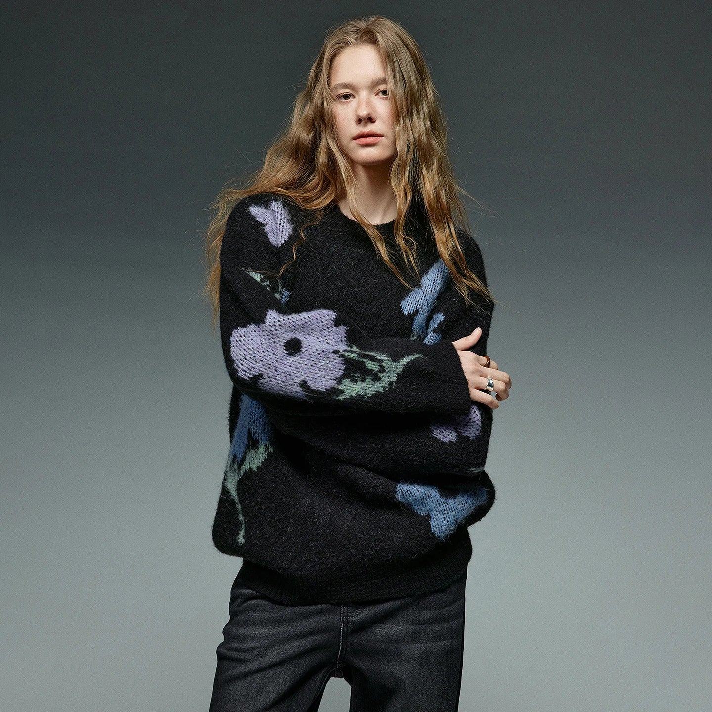 TOYOUTH Women Sweaters 2025 Winter NewAsymmetric Glutinous Rice Velvet Warm Flower Intarsia Top
