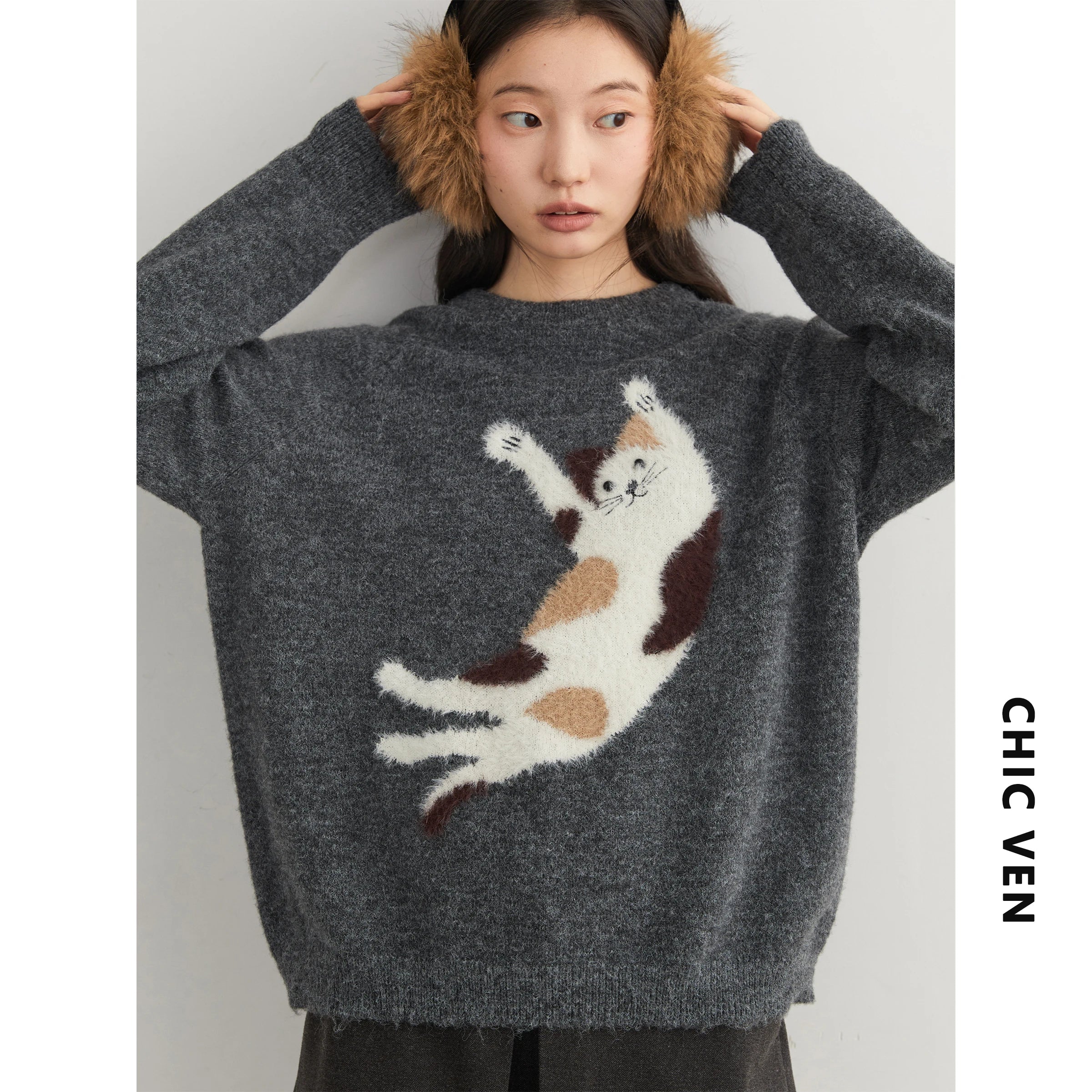 CHIC VEN Women Sweaters Loose Casual O Neck Knitted Cartoon Cat Warm Knitting Jumper Female Jumpers Pullovers Autumn Winter 2025