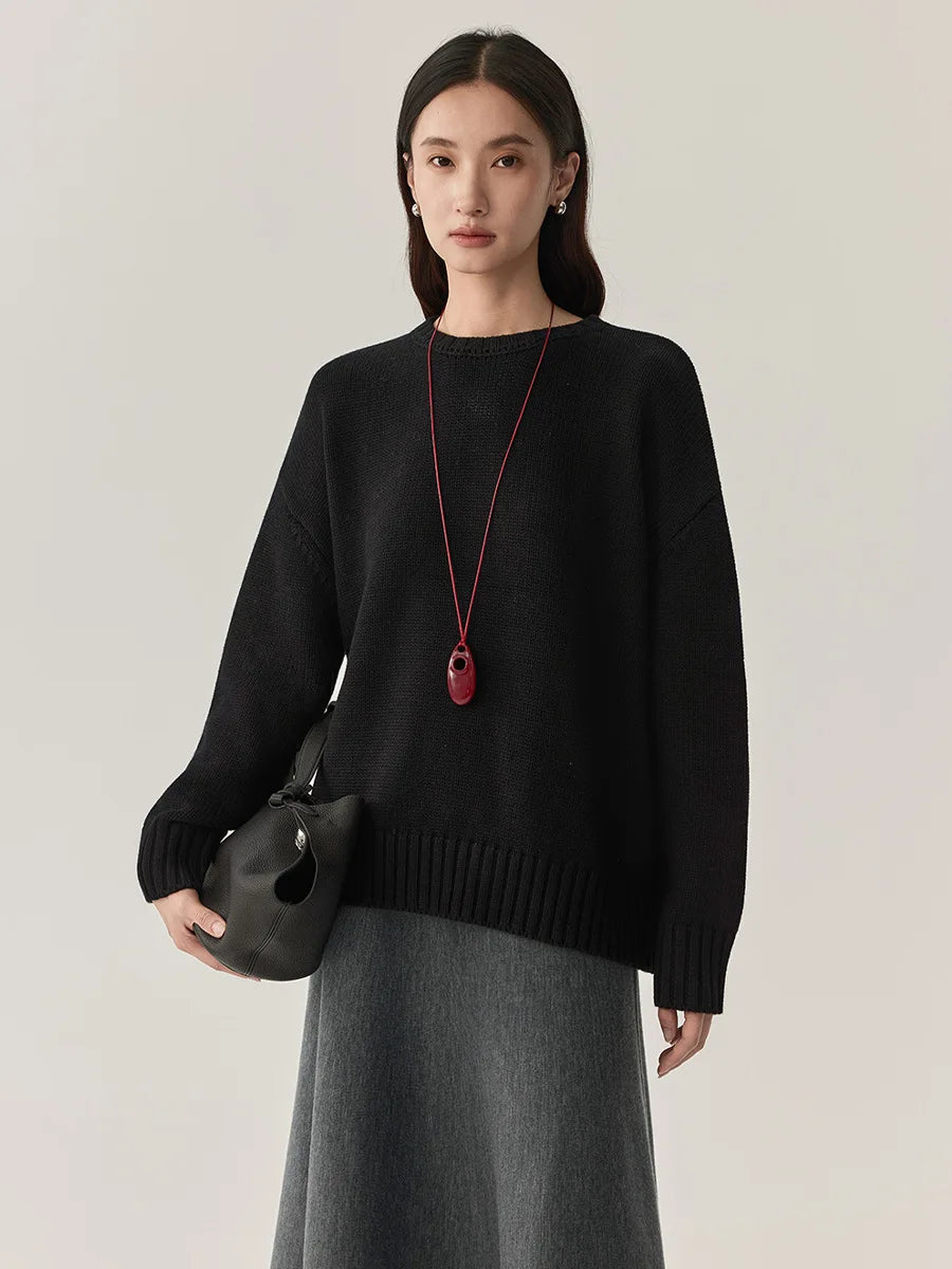 Naizaiga  50% sheep wool  50% cotton O-neck long sleeve thicken solid gray black blue red oversize women sweaters pullover JFY24