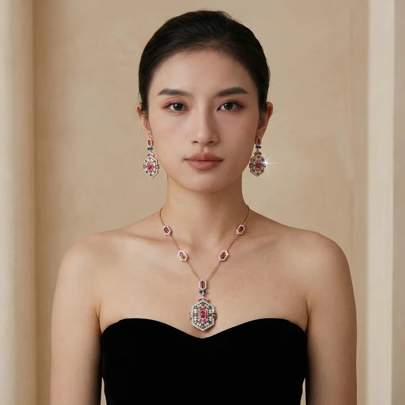 Vintage Style Earrings Necklace Women Lady Inlay Cubic Zircon Synthetic Ruby Rhombus Tassels Pendant Party Jewelry Sets