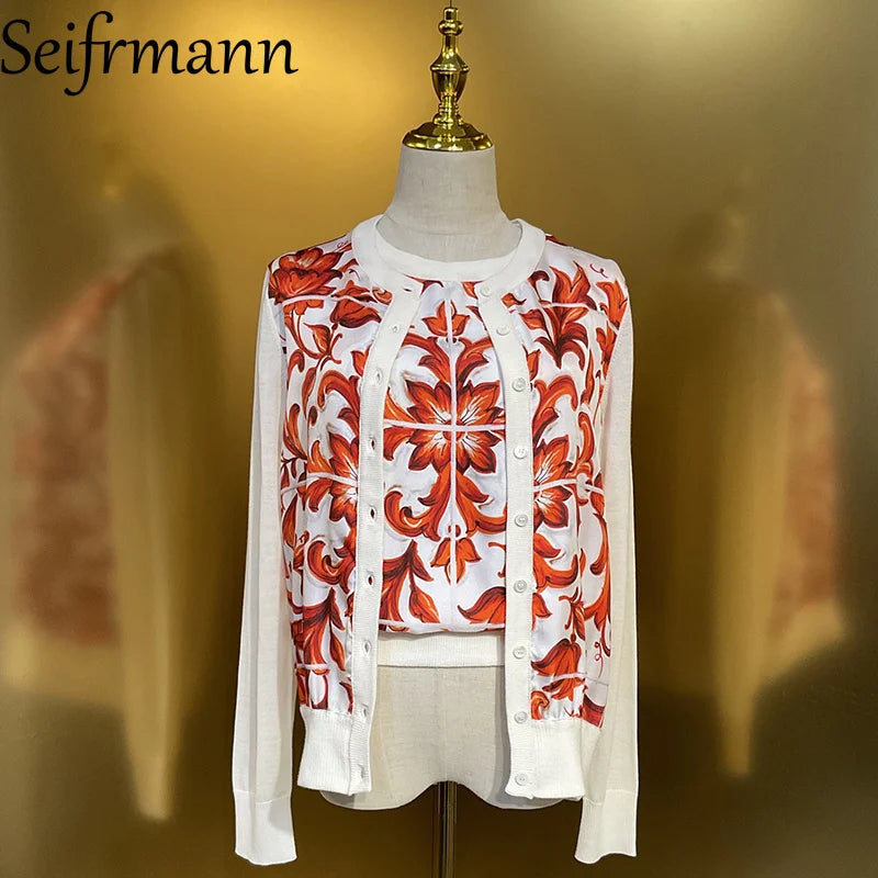 Seifrmann 2026 Summer Women's New Fashion Round Neck Long Sleeve Silk Splicing Wool Printed Cardigan+Tank Top Two Piece Set