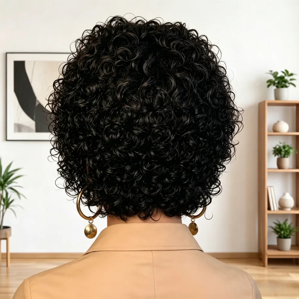 Human Hair Short Curly Wig, 13x1 Lace Front Wig 180% Density, Natural Black Curly Human Hair Wig, Pre-Plucked Hairline Wig