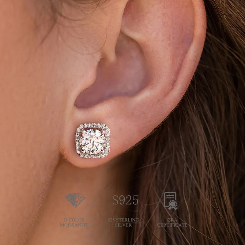 Real Moissanite Square Stud Earrings 0.5ct 1ct D Color VVS1 Pure 925 Sterling Silver for Women Wedding Fine Jewelry