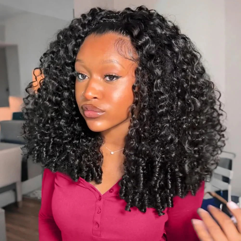 Burmese Curly Half Wig Human Hair Glueless Wig Human Hair Ready to Wear 3 IN 1 Half Wig Burmese Curly Flip Over Wig With Drawstring Seamless Clip Ins