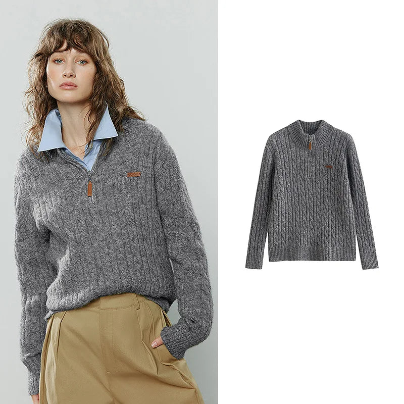 TOYOUTH Women Sweaters 2025 Winter NewAsymmetric Old Money Style Lazy Vibe Stand-Up Collar Zipper Cable Knit Marled Retro Top