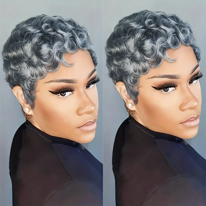 Human Hair Wig 6Inch Natural Grey with Loose Curls180% Density Machine-Made Wig with Rose Net Cap Comfortable Fit for Daily Wear