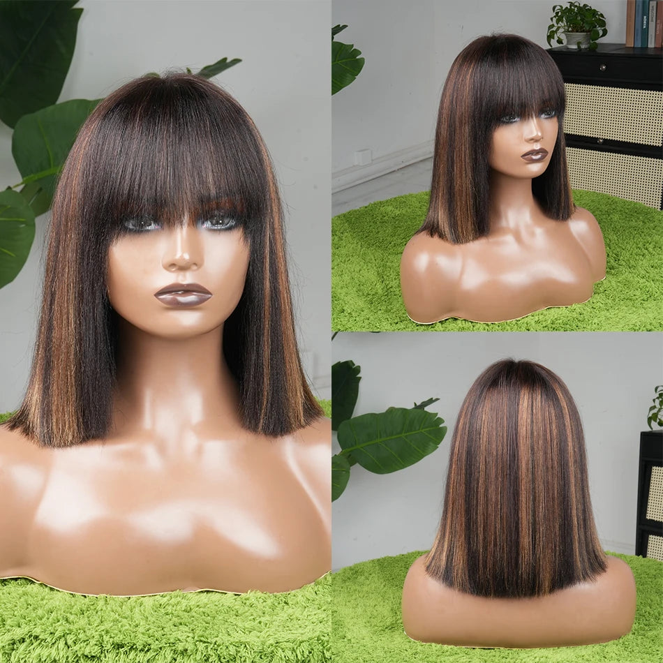 Highlight Straight Human Hair Wigs Black With Brown 10 Inch HD 1x4 Lace Glueless Wear And Go Bob Wig With Bangs For Women
