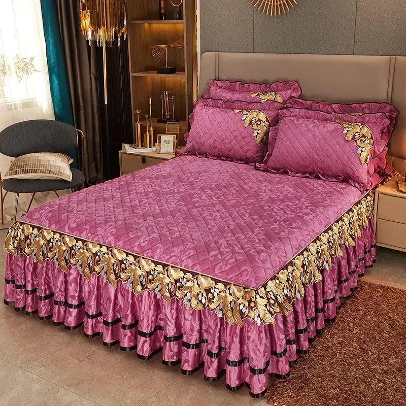 Plush Winter Warm Bedspread on The Bed Thickened Bed Skirt-style Embroidery Cotton Quilt Bedding Cover Pillowcases