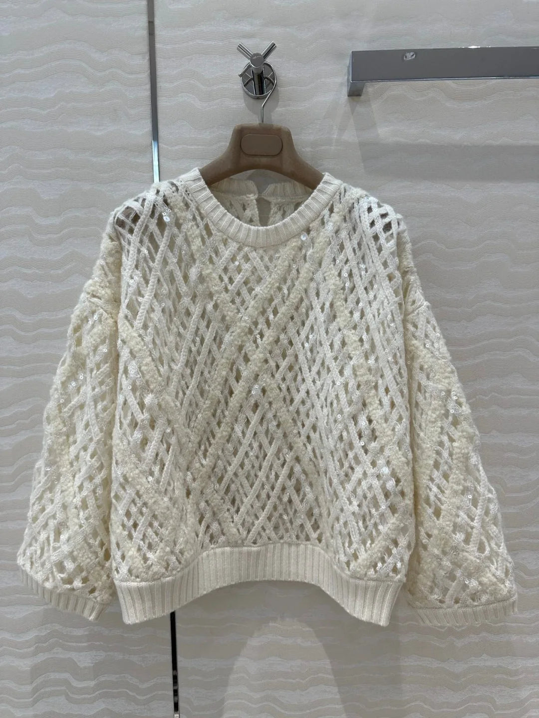 Naizaiga 100 Cashmere O-Neck Hollow out Sequins Reglan Sleeve White Brown Women Sweaters Pullovers NHPL2