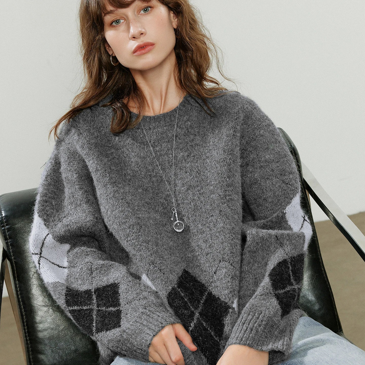 TOYOUTH Women Sweaters 2025 Winter New Vintage Argyle Alpaca Wool Yarn Crew-neck Knitted Tops