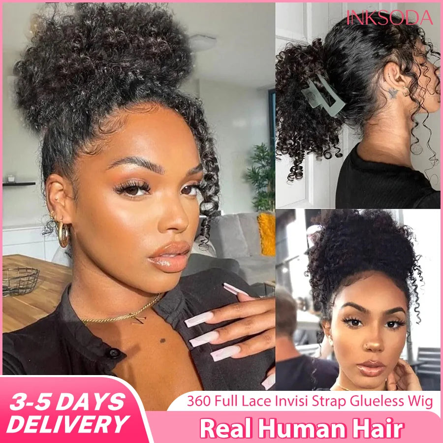 Curly 360 Full Lace Wig Invisible Drawstring Deep Wave Frontal Wig Human Hair Wigs HD Lace Front Wig 220 Density 30Inch Glueless