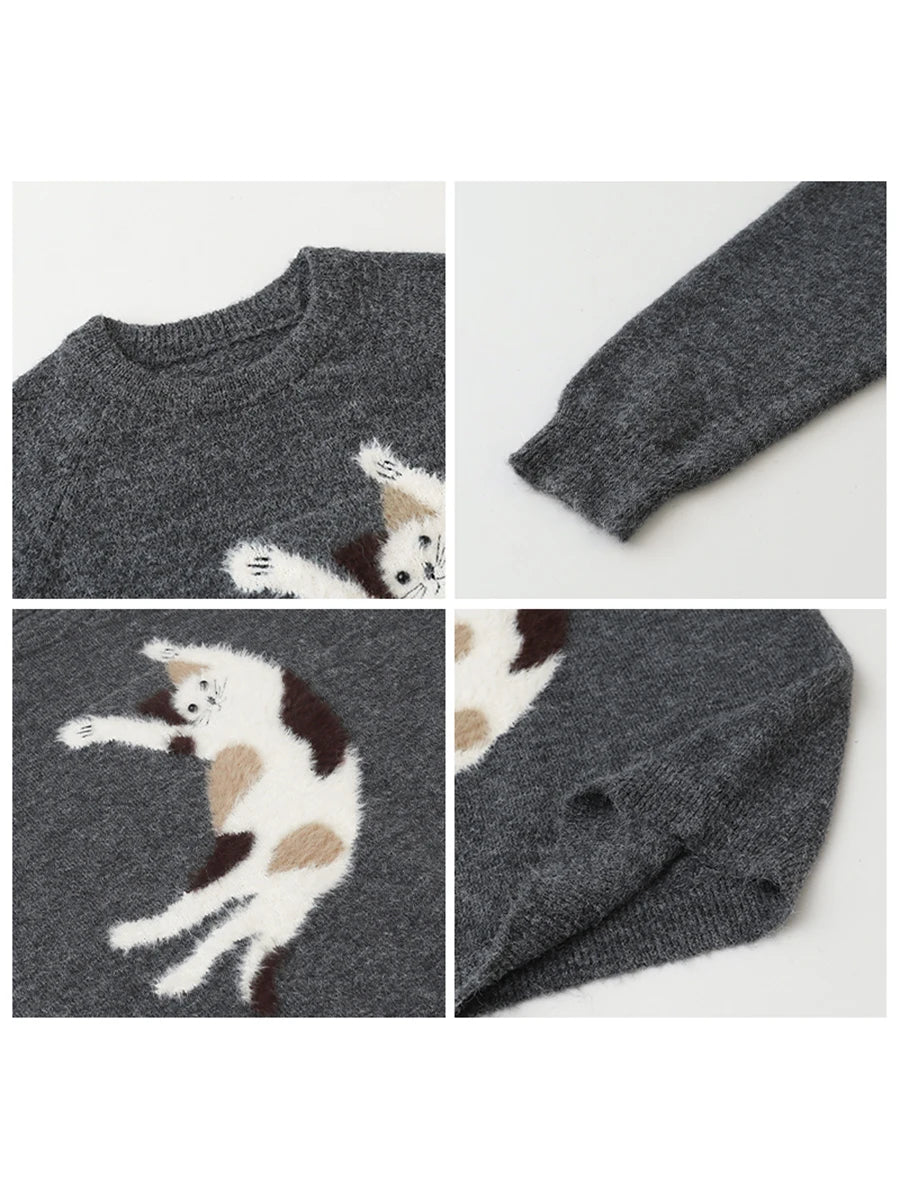 CHIC VEN Women Sweaters Loose Casual O Neck Knitted Cartoon Cat Warm Knitting Jumper Female Jumpers Pullovers Autumn Winter 2025