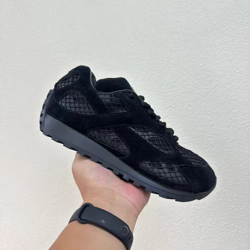 Street Fashion Top Qualitty Sneakers For Mens Hollow Air Mesh Laces Casual Shoes Unisex Genuine Leather Patchwork Tenis Feminino