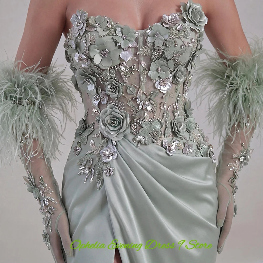 Sexy Strapless Satin Evening Dress Graceful Mermaid Prom Dresses Fashion Feathers Flowers Customized Special Occasion Gowns