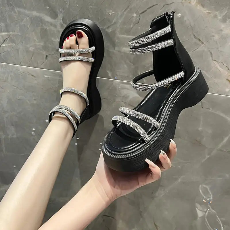 Women's Sandals Fashion Thick Soled Ankle Cool Boots Summer Roman Sandals Luxury Rhinestone Casual Cool Boots Sandalias De Mujer