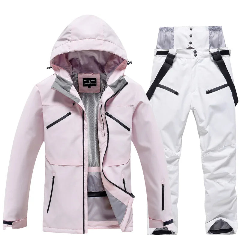 NEW Fashion Men Women Winter Ski Suit Windproof Waterproof Snowboard Jacket and Pants Snow Clothes Female Skiwear Pure White