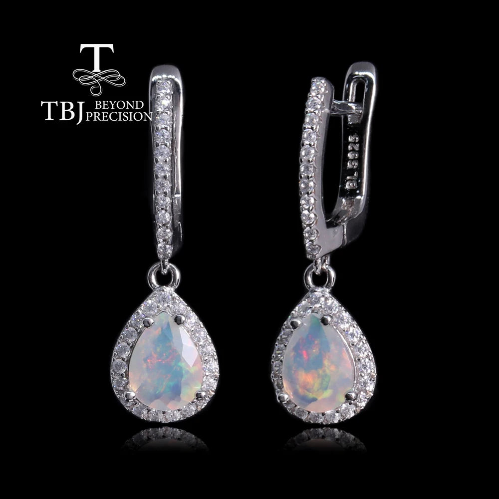 925 Sterling Silver Simple Pear Clasp Earrings with Natural Ethiopia Opal Gemstones Fine Jewelry for Women Nice Gift