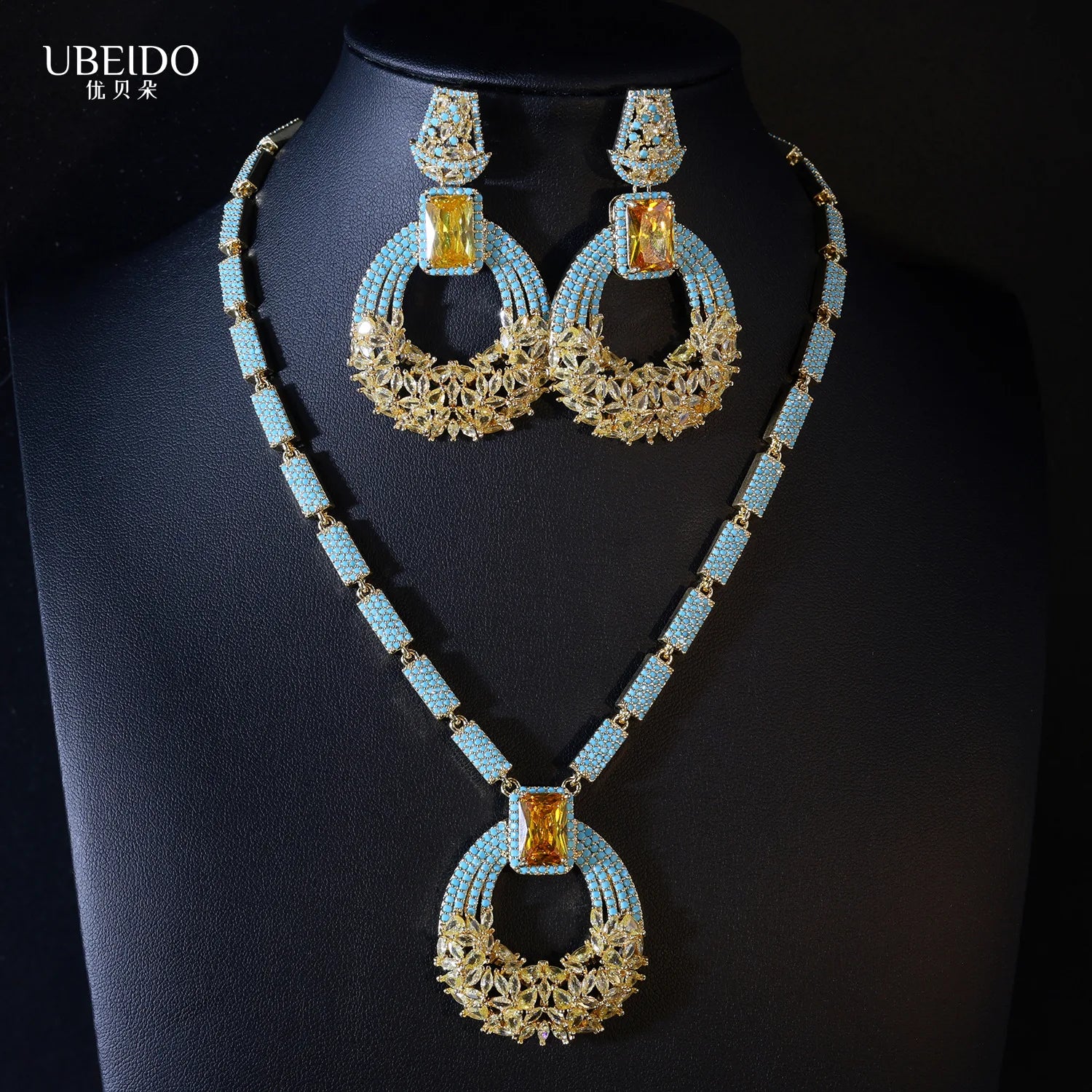 Saudi Arabia Wealthy Style Middle Eastern Bridal Jewelry Set Necklace Earrings with Diamond Zircon Dress
