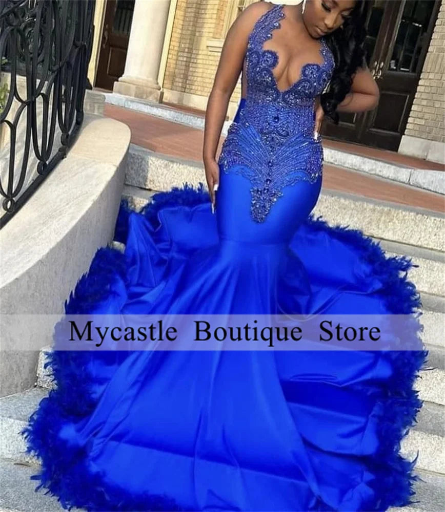 Customized Royal Blue Prom Dresses 2025 For Black Girl Luxury Rhinestone Crystals Feathers Birthday Party Dress Vestidos De Gala