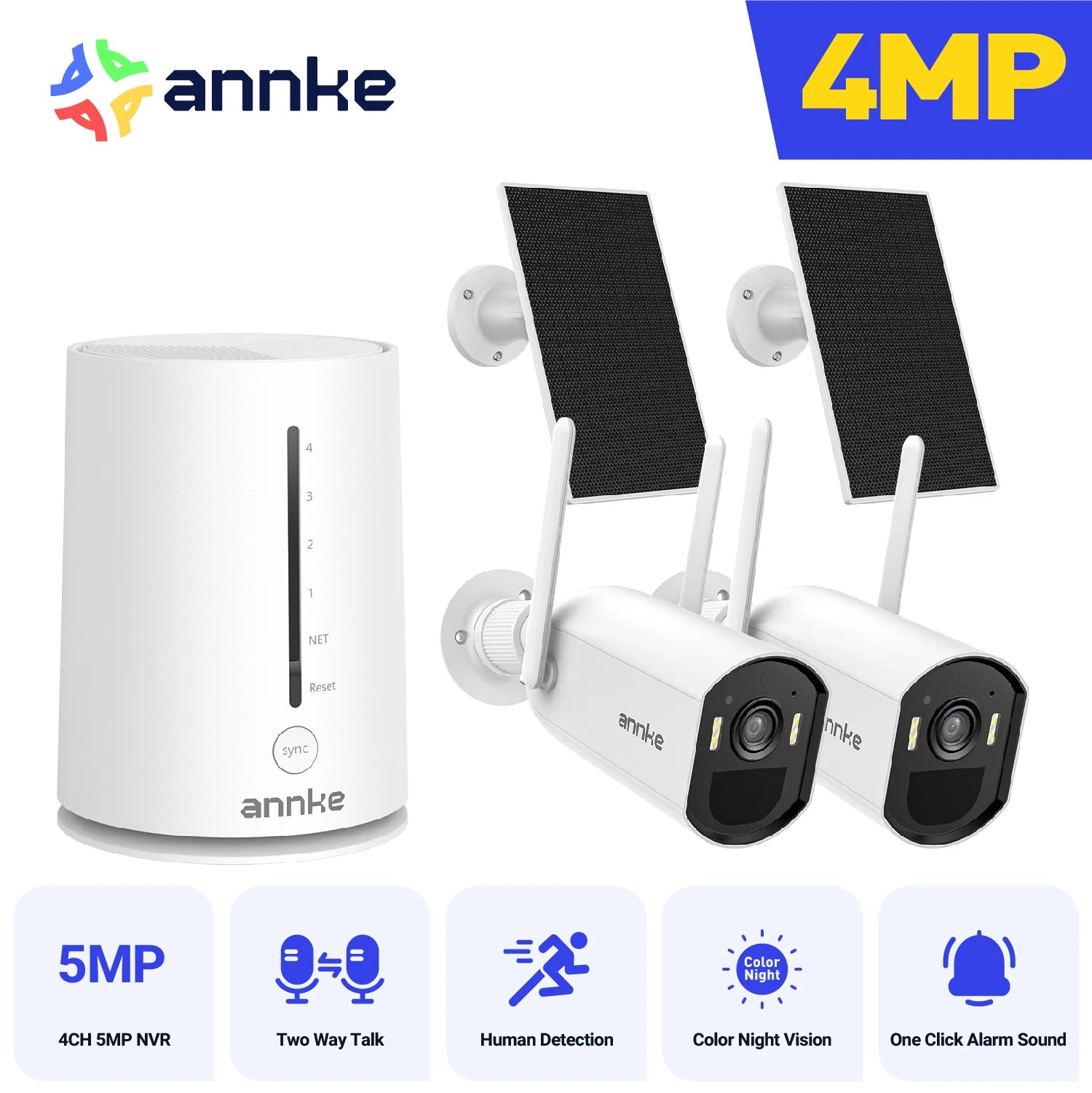 Annke 4MP Solar Security Cameras 4CH Wireless NVR 4mm Color Night Vision IP Camera Audio 2.4G 5.8G Solar Wifi Camera Outdoor