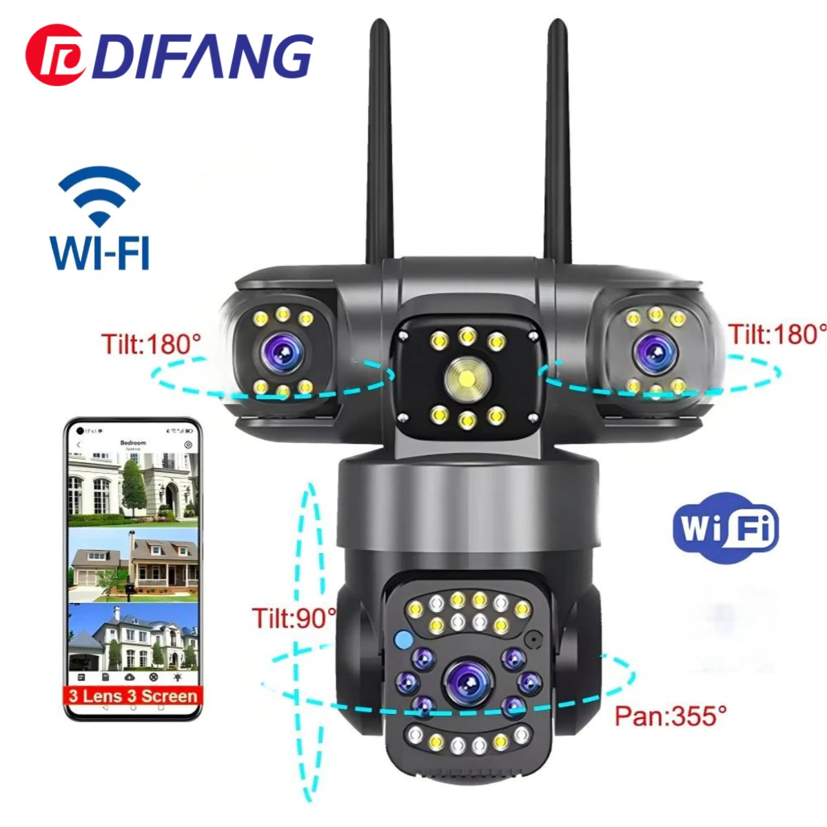 DIFANG 12MP WIFI Solar Camera 3 Len 3 Screen 10X  Zoom Outdoor Wireless Security Cameras Auto Tracking CCTV 24/7 Hour Recording