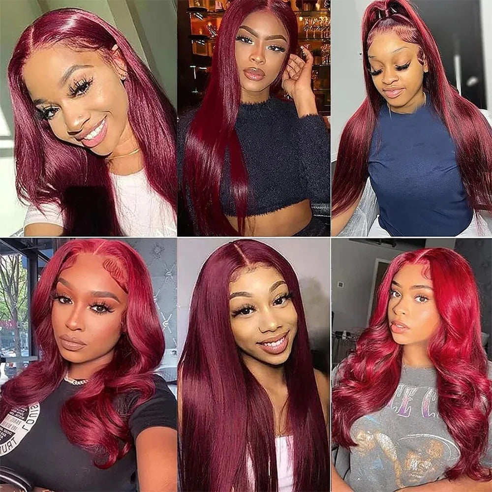28 Inch 99J Burgundy Bone Straight Human Hair Wigs 13x4 HD Lace Front Pre Plucked with Baby Hair Body Wave Deep Curly Human Hair Wigs