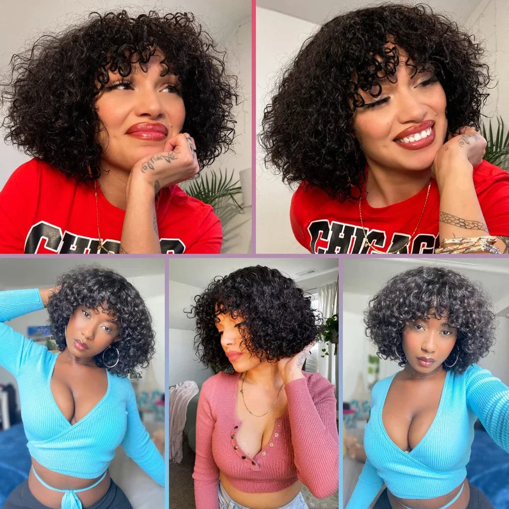 Water Curly 100% Virgin Human Hair Wig with Bangs 210% Density Peruvian Hair  Full Machine Made Wigs Natural Black Color