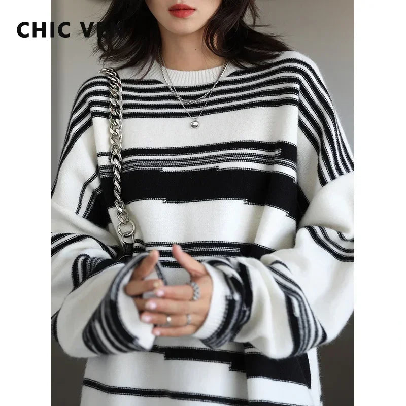 CHIC VEN Women Sweaters Streetwear Casual Loose Pullover Stripe Girl Jumpers Thick Warm Female Tops Autumn Winter 2025 Plus