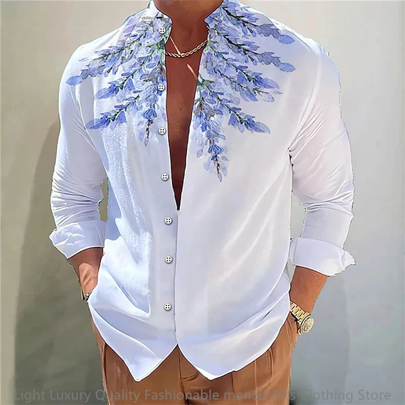 New men's shirt long-sleeved shirt 3D printing flower pattern long-sleeved standing clothing fashion casual XS-6XL soft fabric