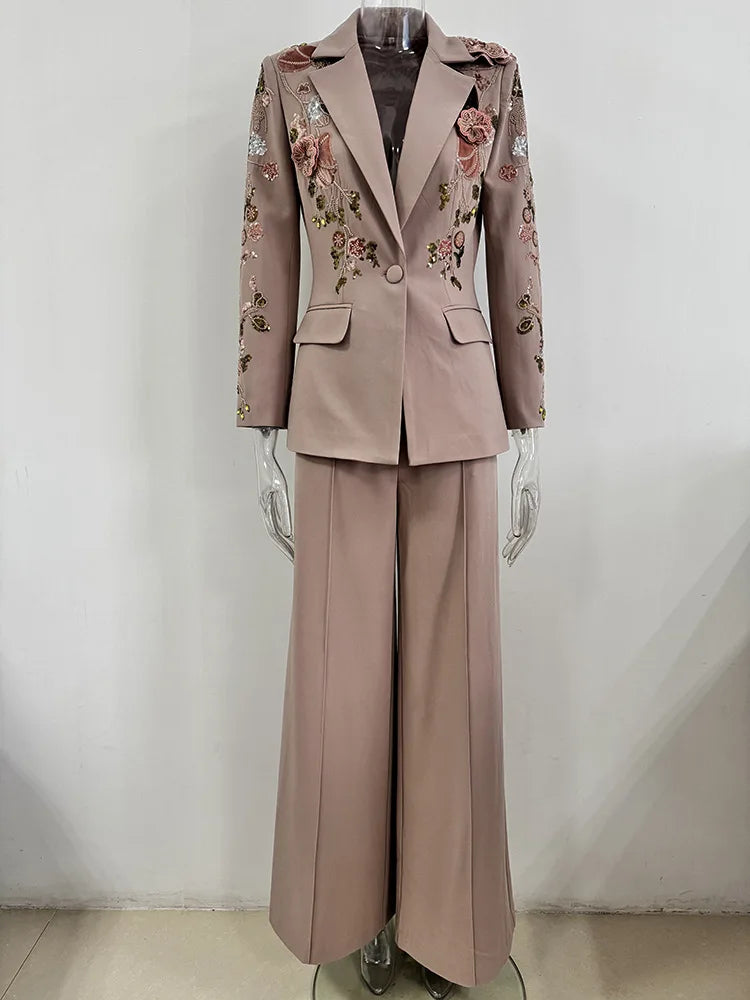 HIGH STREET Newest Fashion Designer Runway Suit Set Women's 3D Flowers Beaded Blazer Wide Leg Pants Set