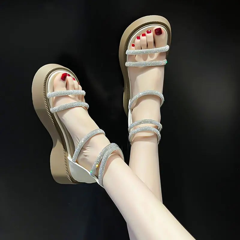 Women's Sandals Fashion Thick Soled Ankle Cool Boots Summer Roman Sandals Luxury Rhinestone Casual Cool Boots Sandalias De Mujer