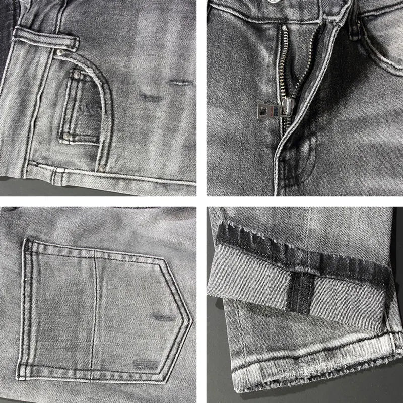 Street Fashion Men's Retro Grey Jeans High Quality Stretch Tight Patched Jeans Men's Splicing Designer Hip Hop Brand Pants Hombr