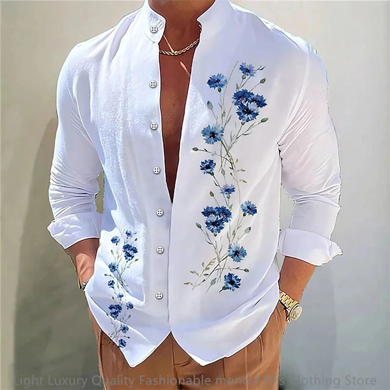 New men's shirt long-sleeved shirt 3D printing flower pattern long-sleeved standing clothing fashion casual XS-6XL soft fabric
