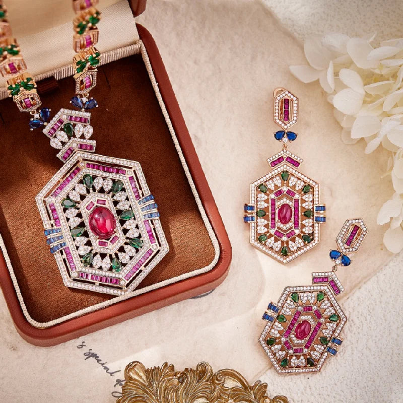 Designer Collection Earrings Necklace Women Lady Inlay Cubic Zircon Synthetic Ruby Rhombus Tassels Pendant Party Jewelry Sets