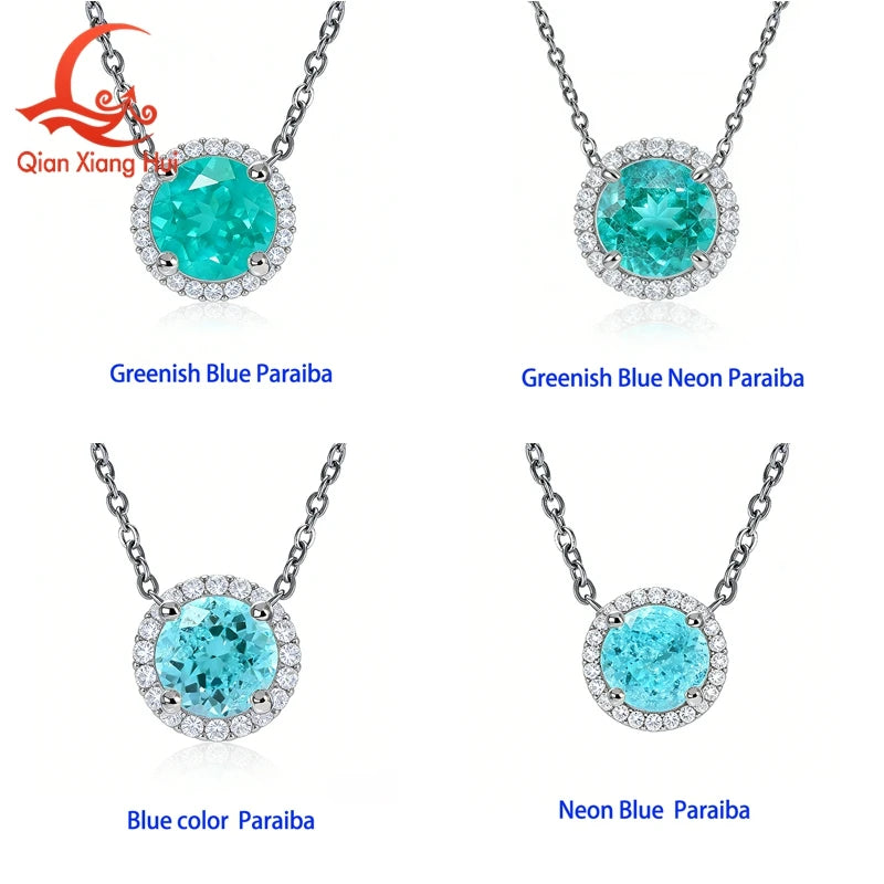 Luxury 925 Sterling Silver Necklace Paraiba YAG Gemstone with Moissanite Halo Pendant Neon Blue Paraiba Fine Jewelry for Women