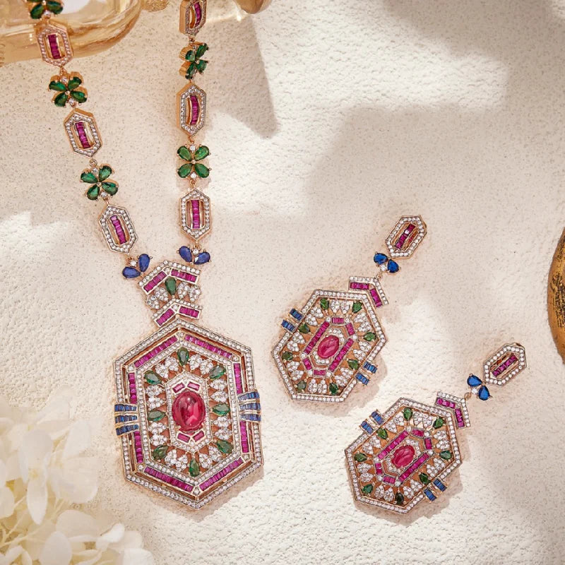 Designer Collection Earrings Necklace Women Lady Inlay Cubic Zircon Synthetic Ruby Rhombus Tassels Pendant Party Jewelry Sets