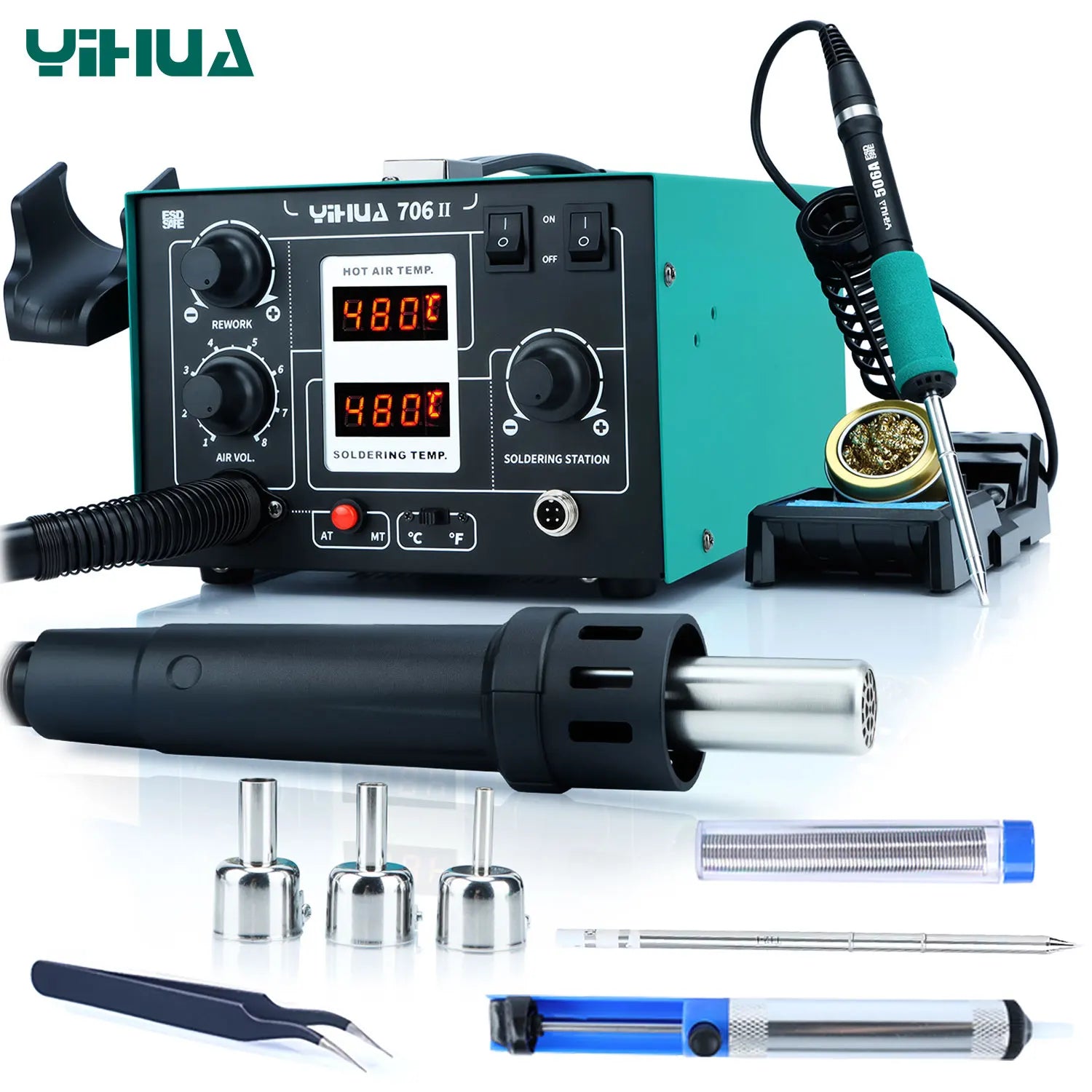 YIHUA T12 Soldering Station With Air Pump Hot Air Gun LCD Rapid Heating Temp Adjust AUTO Sleep Welding Repair Tools For SMD PCB