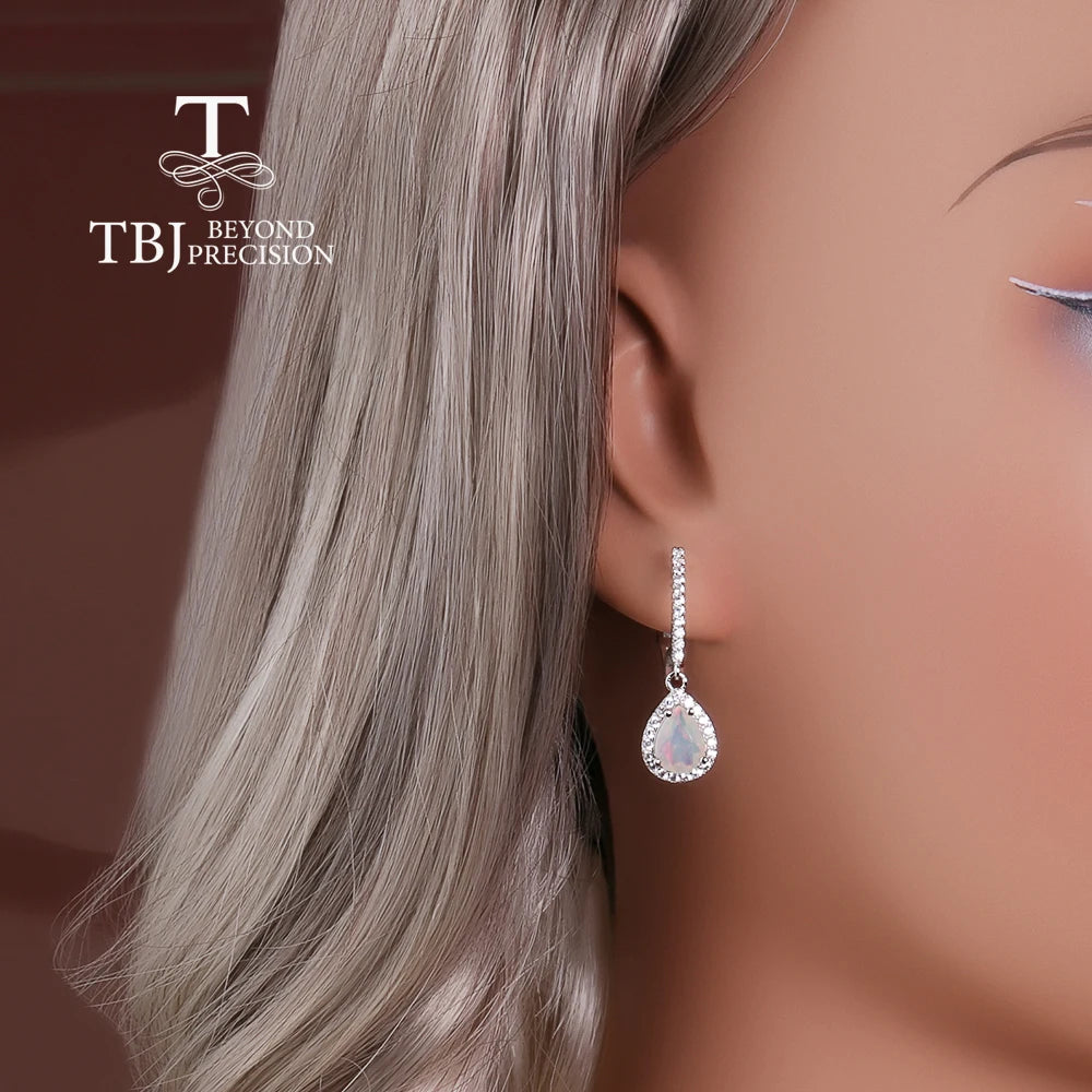 925 Sterling Silver Simple Pear Clasp Earrings with Natural Ethiopia Opal Gemstones Fine Jewelry for Women Nice Gift